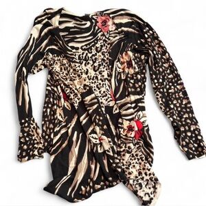 Cache Animal Print Long Sleeve Cardigan with Floral Accents